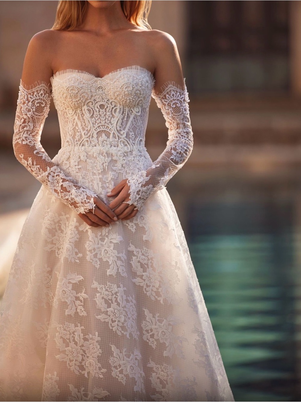 MillaNova Ivory Lace Off-Shoulder Long Sleeve Wedding Gown